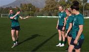 21 February 2023; Players, from left, Megan Connolly, Louise Quinn, Denise O'Sullivan and Áine O'Gorman perform Irish dancing after a Republic of Ireland women training session at Dama de Noche Football Center in Marbella, Spain. Photo by Stephen McCarthy/Sportsfile