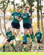 21 February 2023; Megan Campbell, left, and Deborah-Anne de la Harpe during a Republic of Ireland women training session at Dama de Noche Football Center in Marbella, Spain. Photo by Stephen McCarthy/Sportsfile