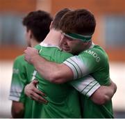 21 February 2023; Michael Wall, left, and Bobby McCarthy of Gonzaga College celebrate after the Bank of Ireland Leinster Rugby Schools Senior Cup Quarter Final match between St Mary’s College and Gonzaga College at Energia Park in Dublin. Photo by Daire Brennan/Sportsfile