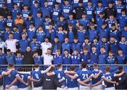 21 February 2023; St Mary's College players and supporters sing their school anthem after the Bank of Ireland Leinster Rugby Schools Senior Cup Quarter Final match between St Mary’s College and Gonzaga College at Energia Park in Dublin. Photo by Daire Brennan/Sportsfile