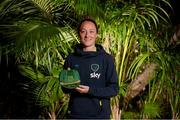 21 February 2023; Megan Campbell poses with her Republic of Ireland 2022-2023 cap during a presentation at the team hotel in Marbella, Spain. Photo by Stephen McCarthy/Sportsfile