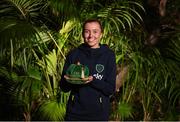 21 February 2023; Abbie Larkin poses with her Republic of Ireland 2022-2023 cap during a presentation at the team hotel in Marbella, Spain. Photo by Stephen McCarthy/Sportsfile