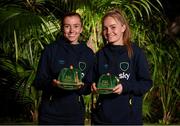 21 February 2023; Abbie Larkin, left, and Izzy Atkinson pose with their Republic of Ireland 2022-2023 caps during a presentation at the team hotel in Marbella, Spain. Photo by Stephen McCarthy/Sportsfile