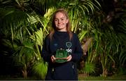 21 February 2023; Izzy Atkinson poses with her Republic of Ireland 2022-2023 cap during a presentation at the team hotel in Marbella, Spain. Photo by Stephen McCarthy/Sportsfile
