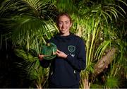 21 February 2023; Megan Connolly poses with her Republic of Ireland 2022-2023 cap during a presentation at the team hotel in Marbella, Spain. Photo by Stephen McCarthy/Sportsfile