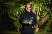 21 February 2023; Lily Agg poses with her Republic of Ireland 2022-2023 cap during a presentation at the team hotel in Marbella, Spain. Photo by Stephen McCarthy/Sportsfile