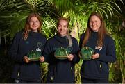 21 February 2023; Players, from left, Hayley Nolan, Lily Agg and Kyra Carusa poses with their Republic of Ireland 2022-2023 caps during a presentation at the team hotel in Marbella, Spain. Photo by Stephen McCarthy/Sportsfile