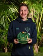 21 February 2023; Jamie Finn poses with her Republic of Ireland 2022-2023 cap during a presentation at the team hotel in Marbella, Spain. Photo by Stephen McCarthy/Sportsfile