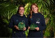 21 February 2023; Jamie Finn, left, and Hayley Nolan poses with their Republic of Ireland 2022-2023 caps during a presentation at the team hotel in Marbella, Spain. Photo by Stephen McCarthy/Sportsfile