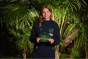 21 February 2023; Hayley Nolan poses with her Republic of Ireland 2022-2023 cap during a presentation at the team hotel in Marbella, Spain. Photo by Stephen McCarthy/Sportsfile