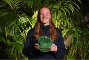 21 February 2023; Goalkeeper Courtney Brosnan poses with her Republic of Ireland 2022-2023 cap during a presentation at the team hotel in Marbella, Spain. Photo by Stephen McCarthy/Sportsfile