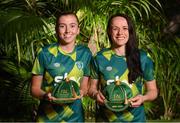 21 February 2023; Abbie Larkin, left, and Áine O'Gorman poses with their Republic of Ireland 2022-2023 caps during a presentation at the team hotel in Marbella, Spain. Photo by Stephen McCarthy/Sportsfile