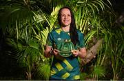 21 February 2023; Áine O'Gorman poses with her Republic of Ireland 2022-2023 cap during a presentation at the team hotel in Marbella, Spain. Photo by Stephen McCarthy/Sportsfile