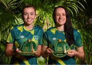 21 February 2023; Abbie Larkin, left, and Áine O'Gorman poses with their Republic of Ireland 2022-2023 caps during a presentation at the team hotel in Marbella, Spain. Photo by Stephen McCarthy/Sportsfile