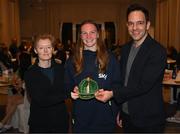 21 February 2023; Goalkeeper Courtney Brosnan is presented with her Republic of Ireland 2022-2023 cap by FAI head of women’s and girl’s football Eileen Gleeson and FAI director of football Marc Canham during a presentation at the team hotel in Marbella, Spain. Photo by Stephen McCarthy/Sportsfile