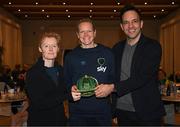 21 February 2023; Diane Caldwell is presented with her Republic of Ireland 2022-2023 cap by FAI head of women’s and girl’s football Eileen Gleeson and FAI director of football Marc Canham during a presentation at the team hotel in Marbella, Spain. Photo by Stephen McCarthy/Sportsfile