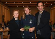 21 February 2023; Hayley Nolan is presented with her Republic of Ireland 2022-2023 cap by FAI head of women’s and girl’s football Eileen Gleeson and FAI director of football Marc Canham during a presentation at the team hotel in Marbella, Spain. Photo by Stephen McCarthy/Sportsfile