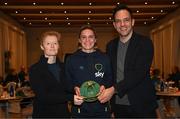 21 February 2023; Jamie Finn is presented with her Republic of Ireland 2022-2023 cap by FAI head of women’s and girl’s football Eileen Gleeson and FAI director of football Marc Canham during a presentation at the team hotel in Marbella, Spain. Photo by Stephen McCarthy/Sportsfile