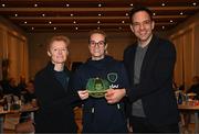 21 February 2023; Lily Agg is presented with her Republic of Ireland 2022-2023 cap by FAI head of women’s and girl’s football Eileen Gleeson and FAI director of football Marc Canham during a presentation at the team hotel in Marbella, Spain. Photo by Stephen McCarthy/Sportsfile