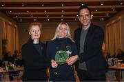 21 February 2023; Denise O'Sullivan is presented with her Republic of Ireland 2022-2023 cap by FAI head of women’s and girl’s football Eileen Gleeson and FAI director of football Marc Canham during a presentation at the team hotel in Marbella, Spain. Photo by Stephen McCarthy/Sportsfile