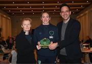 21 February 2023; Megan Connolly is presented with her Republic of Ireland 2022-2023 cap by FAI head of women’s and girl’s football Eileen Gleeson and FAI director of football Marc Canham during a presentation at the team hotel in Marbella, Spain. Photo by Stephen McCarthy/Sportsfile