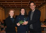 21 February 2023; Lucy Quinn is presented with her Republic of Ireland 2022-2023 cap by FAI head of women’s and girl’s football Eileen Gleeson and FAI director of football Marc Canham during a presentation at the team hotel in Marbella, Spain. Photo by Stephen McCarthy/Sportsfile
