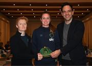 21 February 2023; Heather Payne is presented with her Republic of Ireland 2022-2023 cap by FAI head of women’s and girl’s football Eileen Gleeson and FAI director of football Marc Canham during a presentation at the team hotel in Marbella, Spain. Photo by Stephen McCarthy/Sportsfile