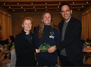 21 February 2023; Kyra Carusa is presented with her Republic of Ireland 2022-2023 cap by FAI head of women’s and girl’s football Eileen Gleeson and FAI director of football Marc Canham during a presentation at the team hotel in Marbella, Spain. Photo by Stephen McCarthy/Sportsfile