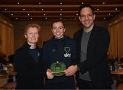 21 February 2023; Abbie Larkin is presented with her Republic of Ireland 2022-2023 cap by FAI head of women’s and girl’s football Eileen Gleeson and FAI director of football Marc Canham during a presentation at the team hotel in Marbella, Spain. Photo by Stephen McCarthy/Sportsfile