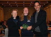 21 February 2023; Amber Barrett is presented with her Republic of Ireland 2022-2023 cap by FAI head of women’s and girl’s football Eileen Gleeson and FAI director of football Marc Canham during a presentation at the team hotel in Marbella, Spain. Photo by Stephen McCarthy/Sportsfile