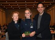 21 February 2023; Izzy Atkinson is presented with her Republic of Ireland 2022-2023 cap by FAI head of women’s and girl’s football Eileen Gleeson and FAI director of football Marc Canham during a presentation at the team hotel in Marbella, Spain. Photo by Stephen McCarthy/Sportsfile