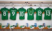 22 February 2023; The jerseys of Republic of Ireland players, from left, Ruesha Littlejohn, Amber Barrett, Denise O'Sullivan, Katie McCabe, Lily Agg and Áine O'Gorman hang in the Republic of Ireland dressing room before the international friendly match between China PR and Republic of Ireland at Estadio Nuevo Mirador in Algeciras, Spain. Photo by Stephen McCarthy/Sportsfile
