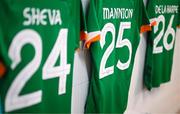 22 February 2023; The jerseys of Marissa Sheva, left, Aoife Mannion, centre, and Deborah-Anne de la Harpe hang in the Republic of Ireland dressing room before the international friendly match between China PR and Republic of Ireland at Estadio Nuevo Mirador in Algeciras, Spain. Photo by Stephen McCarthy/Sportsfile