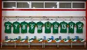 22 February 2023; The jerseys of Republic of Ireland players, from left, Megan Connolly, Diane Caldwell, Ruesha Littlejohn, Amber Barrett, Denise O'Sullivan, Katie McCabe, Lily Agg, Áine O'Gorman, Heather Payne and Lucy Quinn hang in the Republic of Ireland dressing room before the international friendly match between China PR and Republic of Ireland at Estadio Nuevo Mirador in Algeciras, Spain. Photo by Stephen McCarthy/Sportsfile