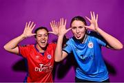 20 February 2023; Noelle Murray, left, and Courtney Maguire pose for a portrait during a Shelbourne squad portrait session at Tolka Park in Dublin. Photo by Sam Barnes/Sportsfile