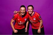 20 February 2023; Jemma Quinn, left, and Noelle Murray pose for a portrait during a Shelbourne squad portrait session at Tolka Park in Dublin. Photo by Sam Barnes/Sportsfile