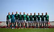 22 February 2023; Republic of Ireland players, from left, Katie McCabe, goalkeeper Courtney Brosnan, Louise Quinn, Megan Campbell, Megan Connolly, Denise O'Sullivan, Lily Agg, Heather Payne, Abbie Larkin, Aoife Mannion and Deborah-Anne de la Harpe during the national anthem before the international friendly match between China PR and Republic of Ireland at Estadio Nuevo Mirador in Algeciras, Spain. Photo by Stephen McCarthy/Sportsfile