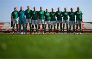 22 February 2023; Republic of Ireland players, from left, Katie McCabe, goalkeeper Courtney Brosnan, Louise Quinn, Megan Campbell, Megan Connolly, Denise O'Sullivan, Lily Agg, Heather Payne, Abbie Larkin, Aoife Mannion and Deborah-Anne de la Harpe during the national anthem before the international friendly match between China PR and Republic of Ireland at Estadio Nuevo Mirador in Algeciras, Spain. Photo by Stephen McCarthy/Sportsfile