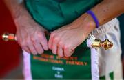 22 February 2023; A detailed view of a purple wristband worn by Republic of Ireland captain Katie McCabe, in support of the Canada women’s team and gender equality, before the international friendly match between China PR and Republic of Ireland at Estadio Nuevo Mirador in Algeciras, Spain. Photo by Stephen McCarthy/Sportsfile