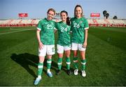 22 February 2023; Republic of Ireland players, from left, Aoife Mannion, Marissa Sheva and Deborah-Anne de la Harpe after the international friendly match between China PR and Republic of Ireland at Estadio Nuevo Mirador in Algeciras, Spain. Photo by Stephen McCarthy/Sportsfile