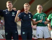 22 February 2023; Republic of Ireland manager Vera Pauw, centre, with assistant manager Tom Elmes, left, and team captain Katie McCabe after the international friendly match between China PR and Republic of Ireland at Estadio Nuevo Mirador in Algeciras, Spain. Photo by Stephen McCarthy/Sportsfile