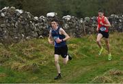 22 February 2023; Ruairi Hollywood of Rice College Westport in Mayo, left, and Sean Nolan of SM&P Swinford in Mayo compete in the senior boys event during the 123.ie Connacht Schools’ Cross Country Championships at Bushfield in Loughrea, Galway. Photo by Piaras Ó Mídheach/Sportsfile