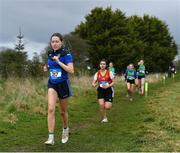 22 February 2023; Clodagh Barrett of Mercy College Sligo, 287, competes in the senior girls event during the 123.ie Connacht Schools’ Cross Country Championships at Bushfield in Loughrea, Galway. Photo by Piaras Ó Mídheach/Sportsfile