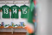22 February 2023; The jersey's of Republic of Ireland players Áine O'Gorman, Heather Payne and Lucy Quinn hang in their dressing room before the international friendly match between China PR and Republic of Ireland at Estadio Nuevo Mirador in Algeciras, Spain. Photo by Stephen McCarthy/Sportsfile