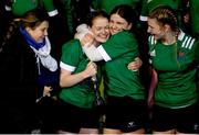 22 February 2023; South East captain Ciara Short and Melissa Quirke celebrate with the trophy after their side's victory in the Leinster Rugby Bank of Ireland Sarah Robinson Cup Round Five match between South East and North Midlands at at Tullow RFC in Carlow. Photo by Harry Murphy/Sportsfile