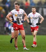 19 February 2023; Conn Kilpatrick, left, and Cathal McShane of Tyrone react as the halftime whistle is blown during the Allianz Football League Division One match between Galway and Tyrone at St Jarlath's Park in Tuam, Galway. Photo by Brendan Moran/Sportsfile