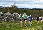 22 February 2023; Emma Brennan of Moyne Community School in Longford, 346, Lauren Dunne of Davitt College Castlebar in Mayo, 152, and Maria McDonnell of Sacred Heart Westport in Mayo, 421, in the junior girls event during the 123.ie Connacht Schools’ Cross Country Championships at Bushfield in Loughrea, Galway. Photo by Piaras Ó Mídheach/Sportsfile