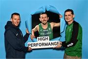 23 February 2023; In attendance during a 2023 European Indoor Championships Team Ireland media morning are, from left, Athletics Ireland High Performance Support Coach Emmett Dunleavy, 800m runner John Fitzsimons, and Athletics Ireland Director of High Performance Paul McNamara at the Sport Ireland Conference Centre in Dublin. Photo by Sam Barnes/Sportsfile