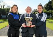 23 February 2023; The President of Ireland Michael D Higgins receives the team captains of the FAI Women's President's Cup, Laurie Ryan of Athlone Town, left, and Pearl Slattery of Shelbourne, at Áras an Uachtaráin in the Phoenix Park, Dublin. Photo by Seb Daly/Sportsfile