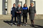 23 February 2023; The President of Ireland Michael D Higgins and his wife Sabina Higgins with the team captains of the FAI Women's President's Cup, Laurie Ryan of Athlone Town, right, and Pearl Slattery of Shelbourne, at Áras an Uachtaráin in the Phoenix Park, Dublin. Photo by Seb Daly/Sportsfile